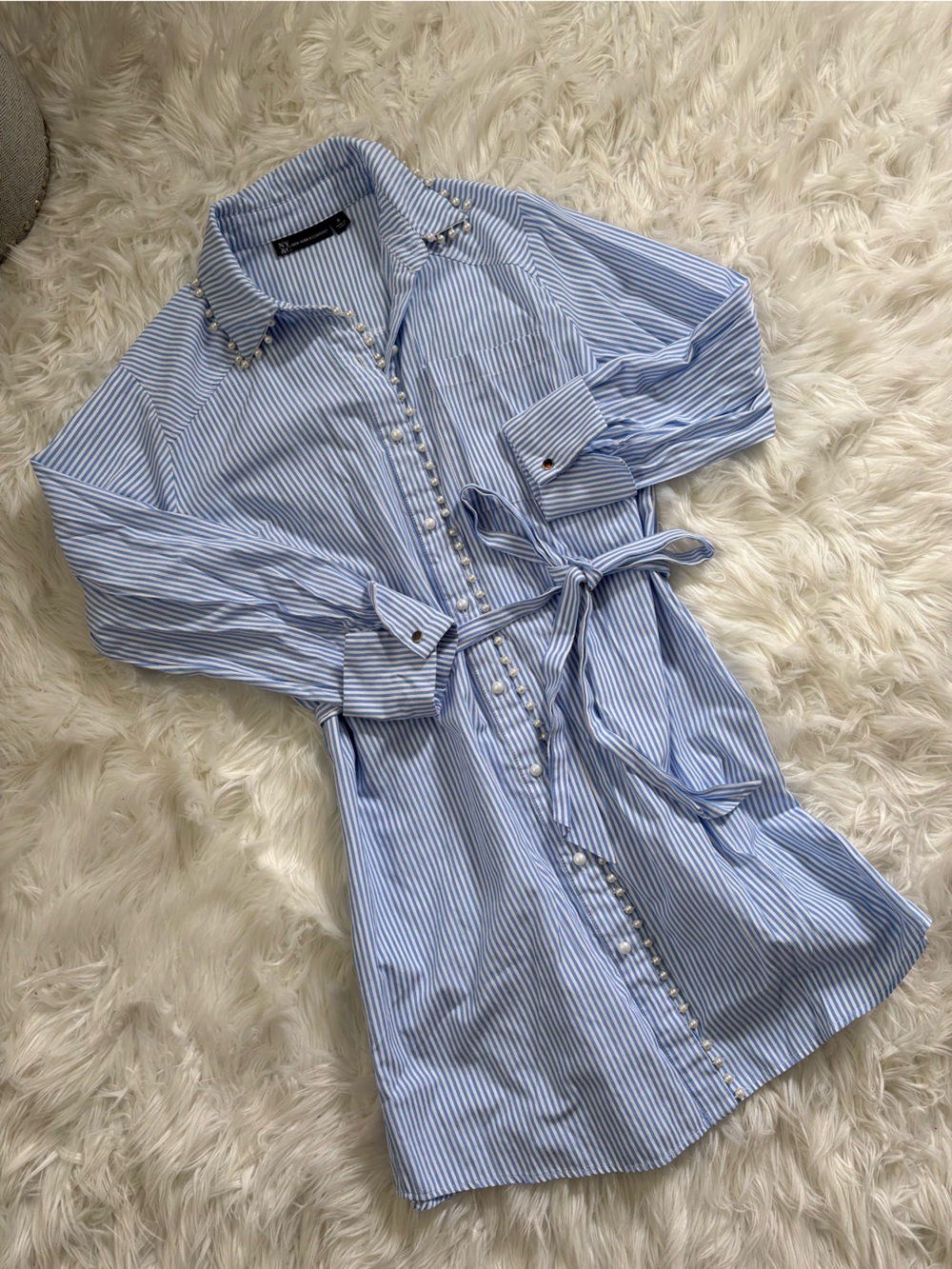 New York & Company Blue & White Striped Pearl Trim Poplin Shirt Dress